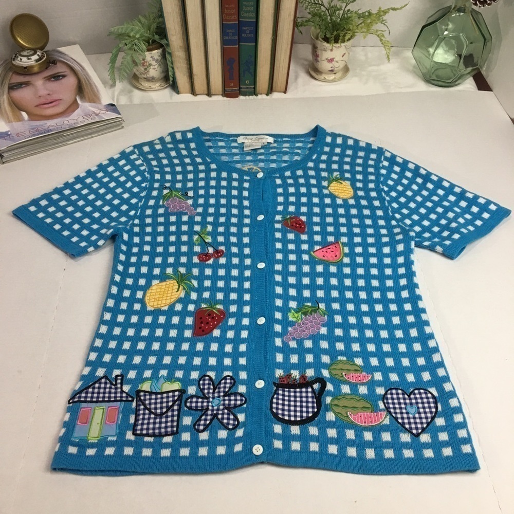 Vintage 90s Great Cavalier Fruit Applique Gingham Cardigan Sweater L